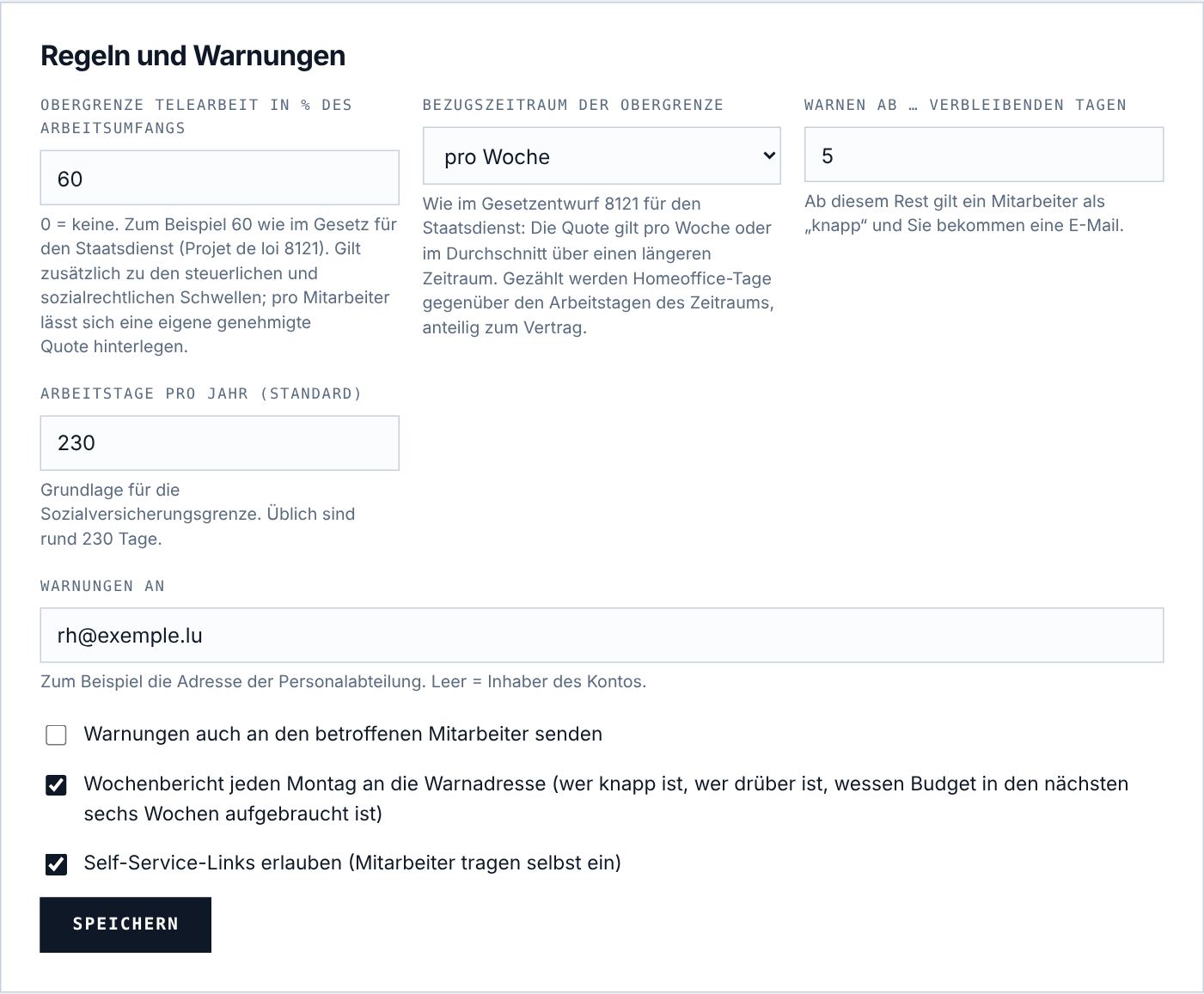Interne Regeln, Warnungen und Optionen.