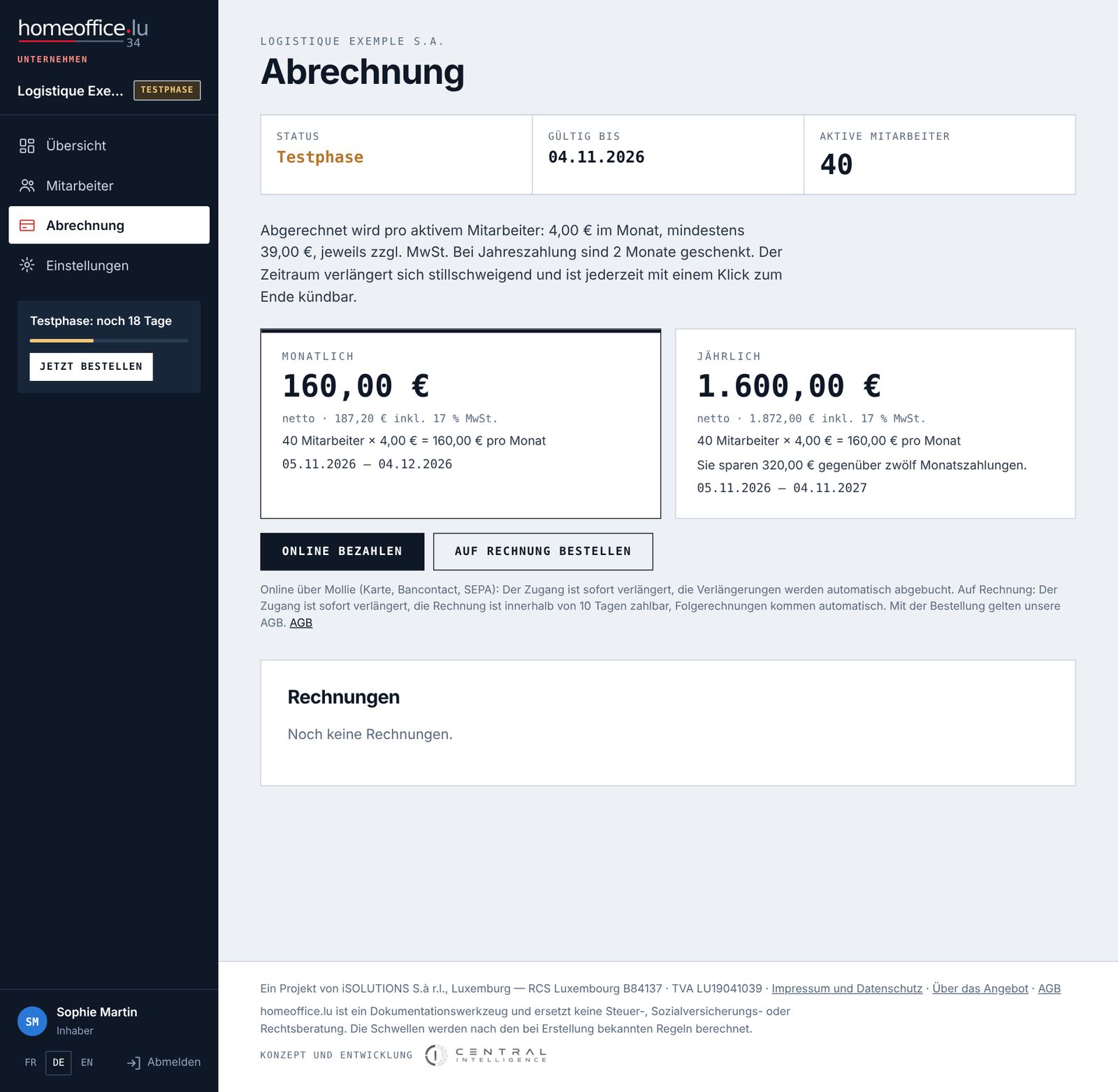 Die Seite Abrechnung während der Testphase.