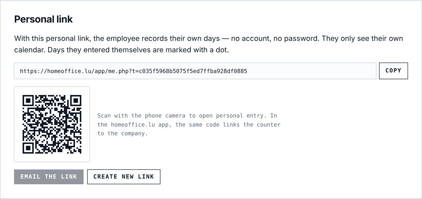 The personal link and its QR code in the employee record.