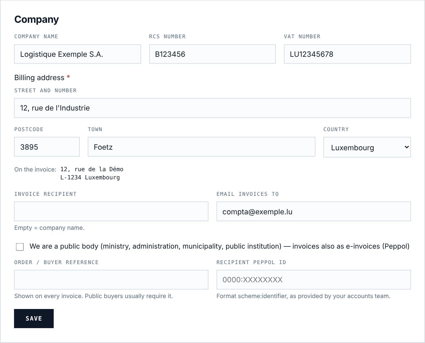 Company details and billing address.