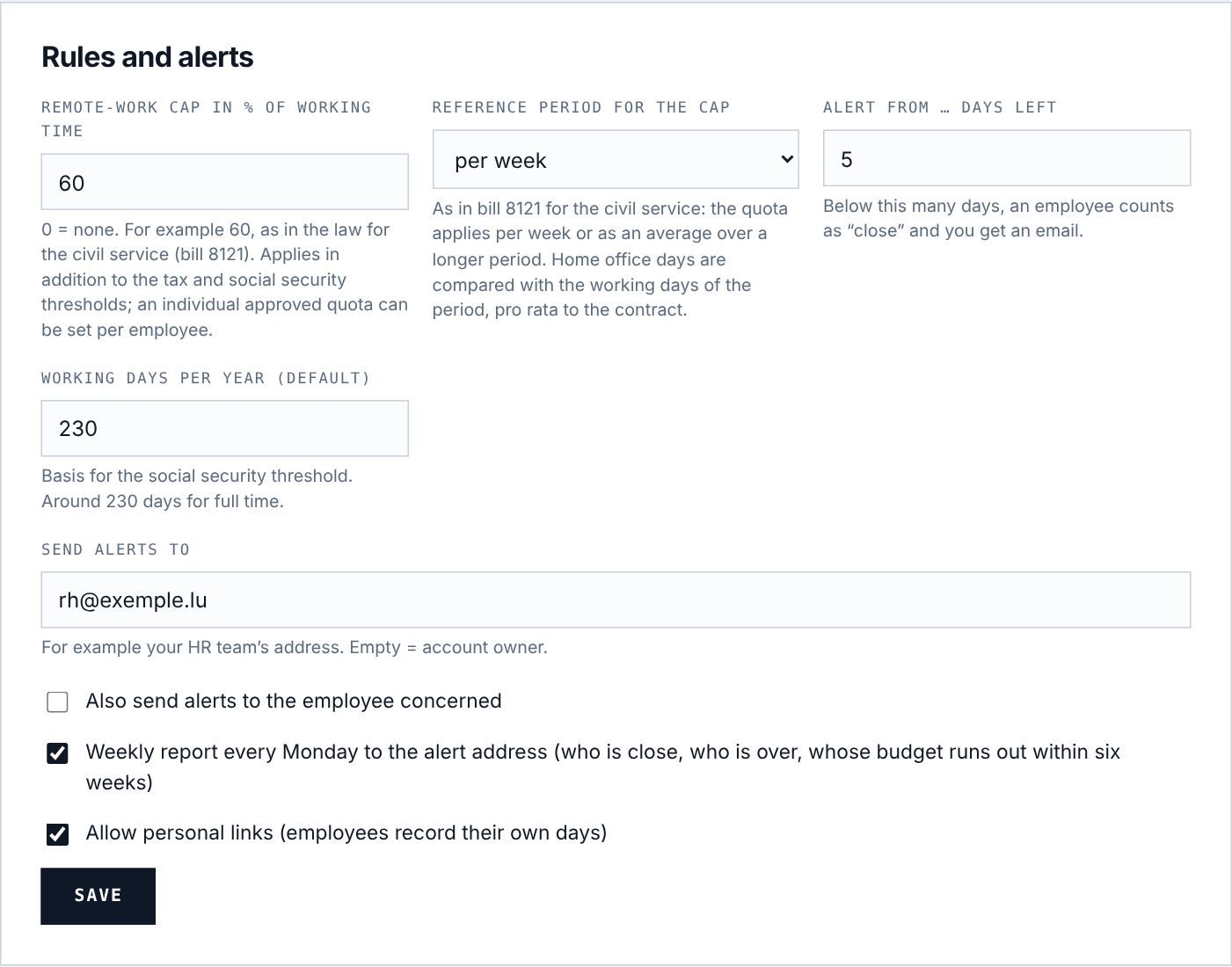 Internal rules, alerts and options.