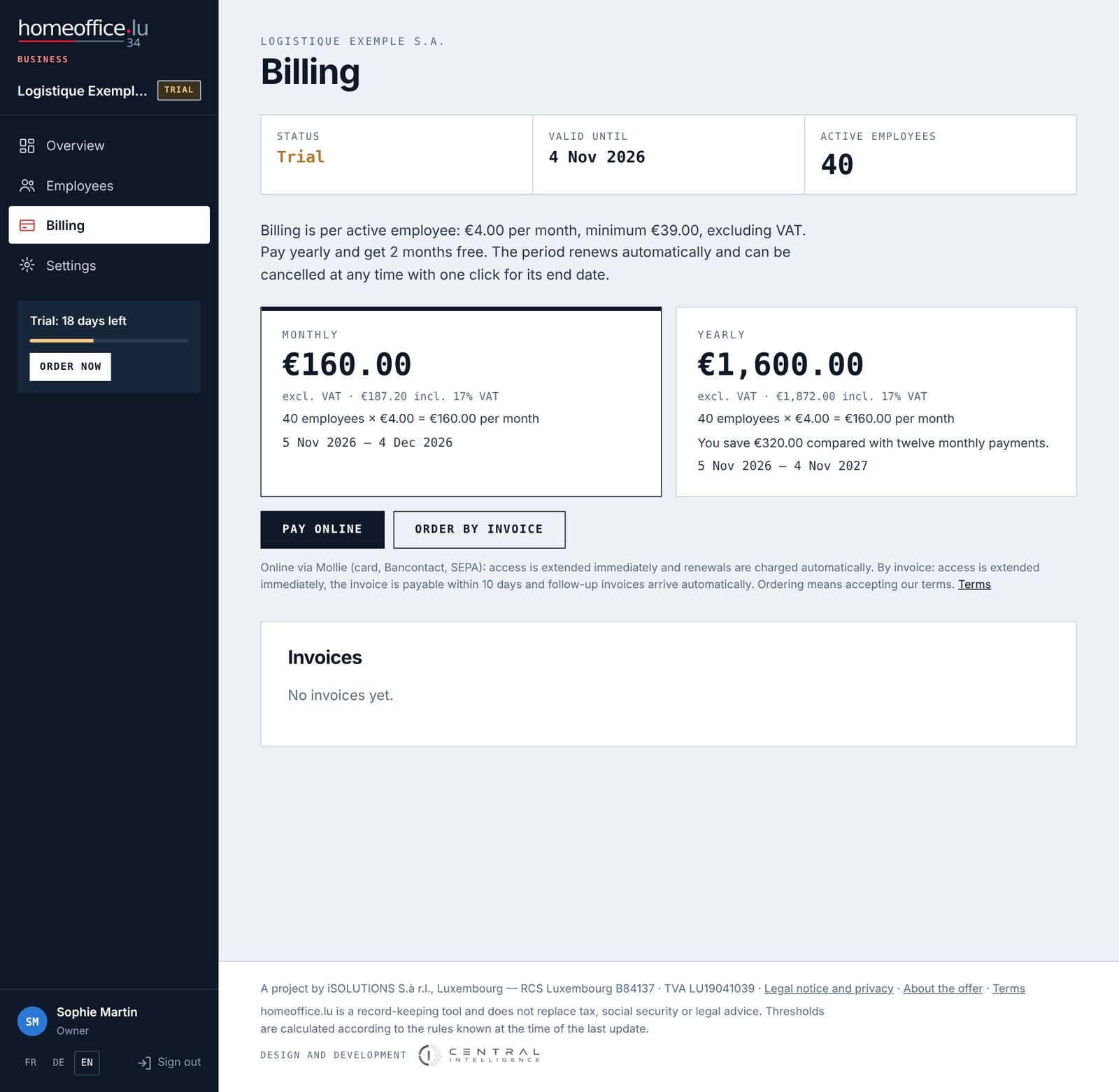 The Billing page during the trial.