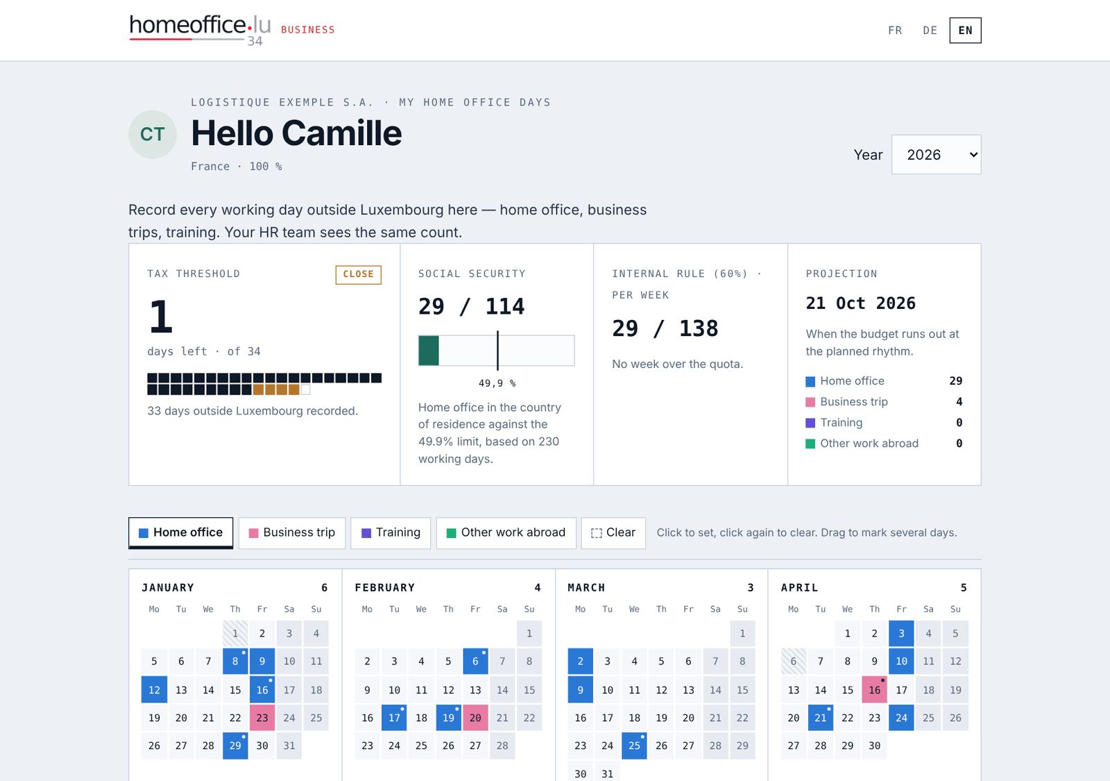 An employee’s personal page: tax threshold, social security, internal rule and calendar.