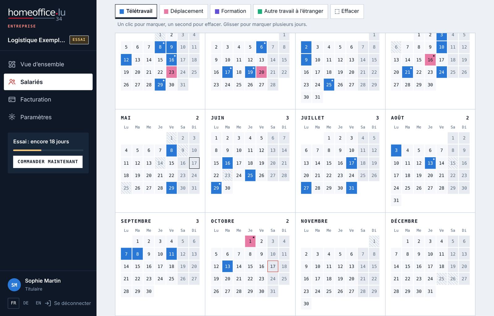 Le calendrier annuel. Les jours saisis par le salarié portent un point.