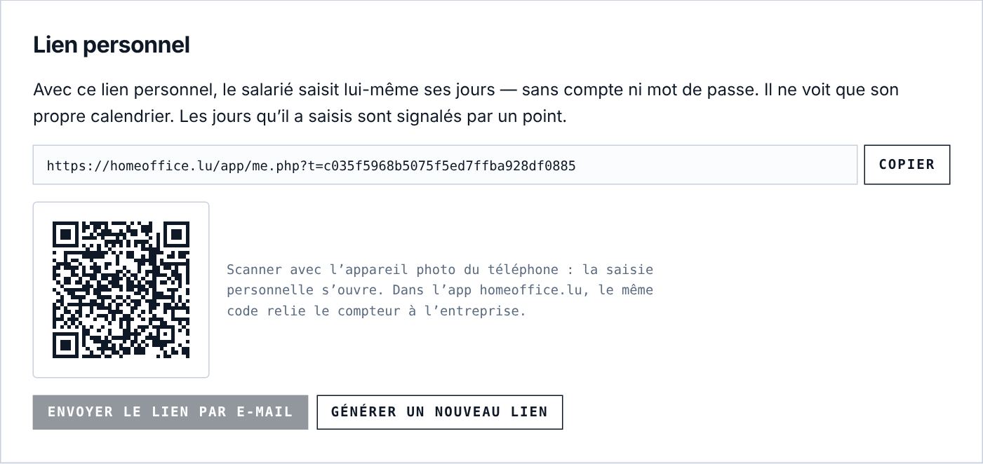 Le lien personnel et son QR code, dans la fiche salarié.