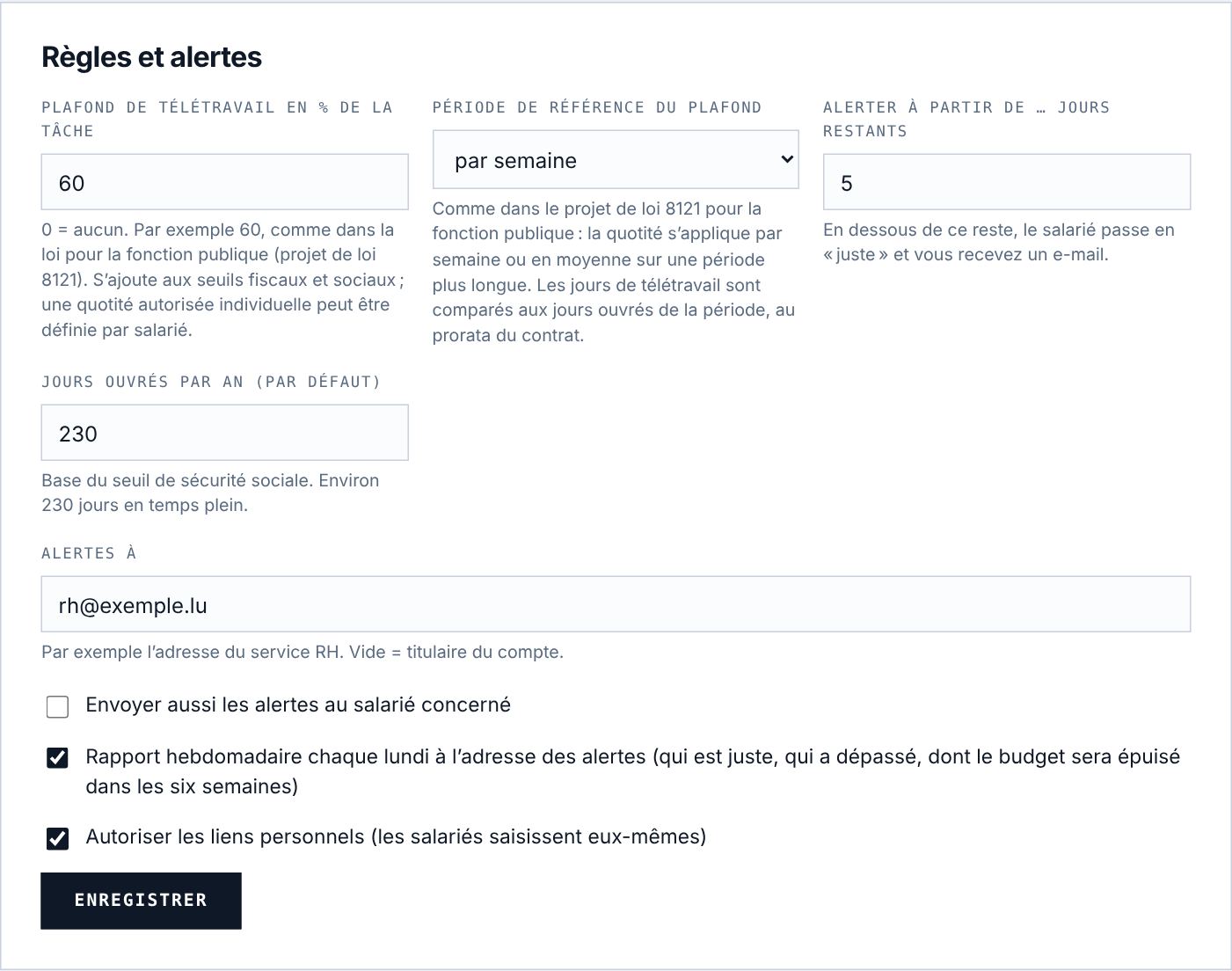 Règles internes, alertes et options.