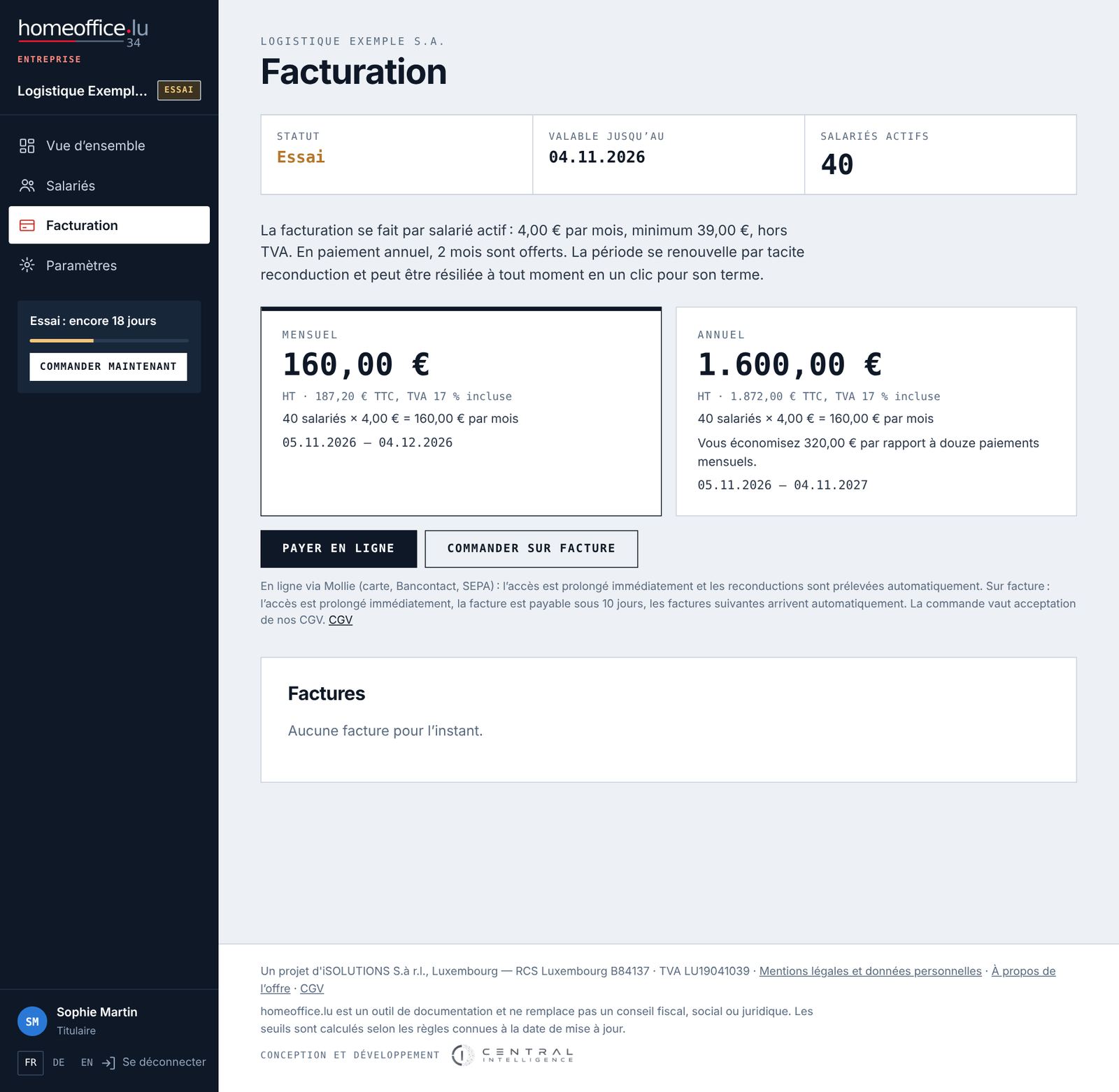 La page Facturation pendant l’essai.